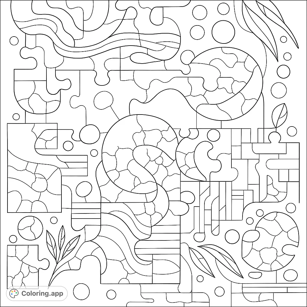 An intricate abstract mosaic of interlocking puzzle pieces, organic curves, and geometric shapes, offering a complex and engaging coloring experience.