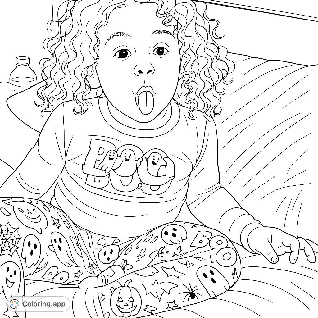 A playful child in Halloween pajamas, making a silly face. Features ghosts, spiderwebs, and "BOO" text. Perfect for festive coloring fun!