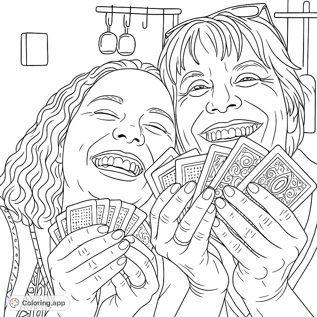 Two joyful women share a moment of laughter while playing cards. A heartwarming and engaging coloring page for all ages, celebrating connection and fun.