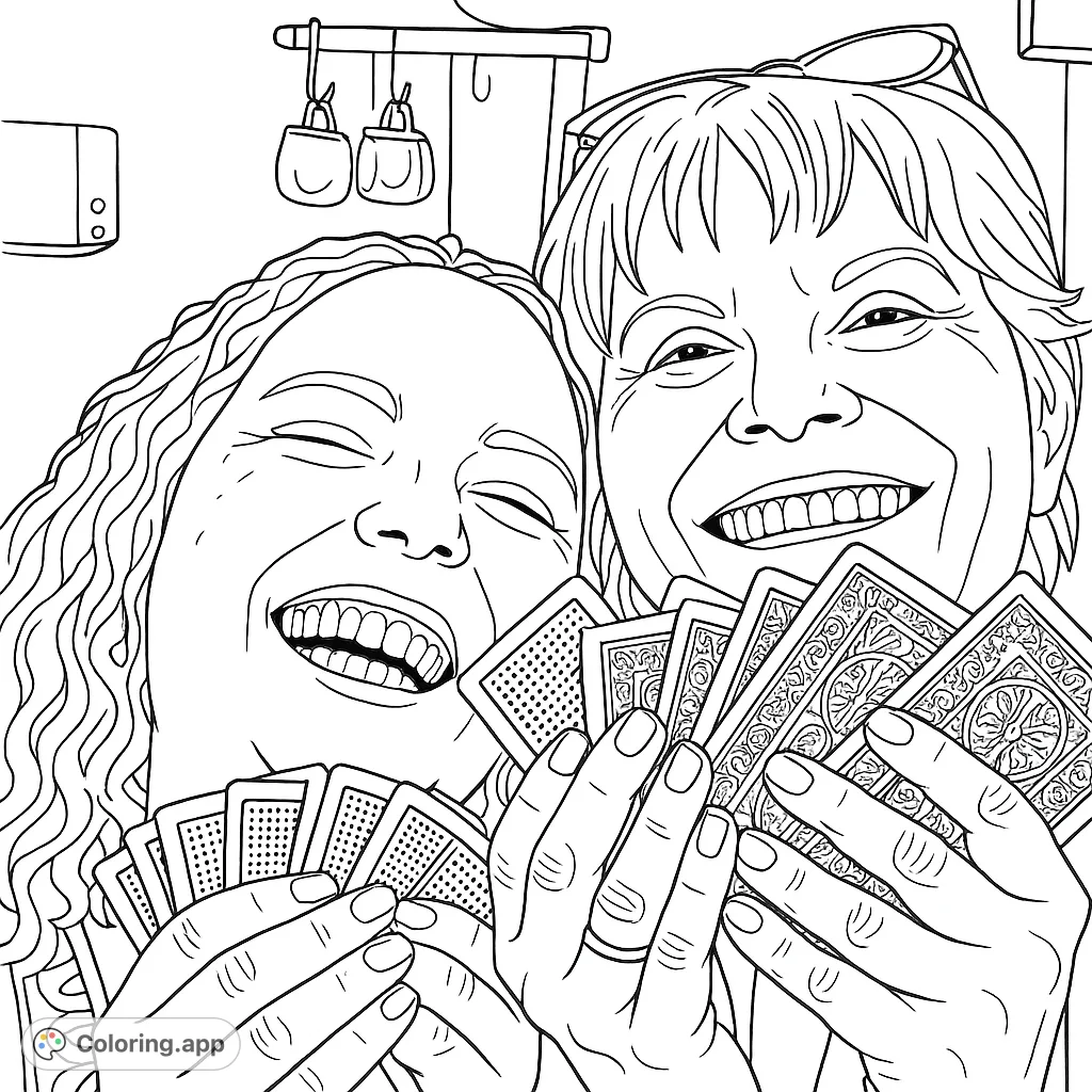 Capture a heartwarming moment of two smiling individuals enjoying a card game. This family fun coloring page features detailed faces and intricate card patterns.