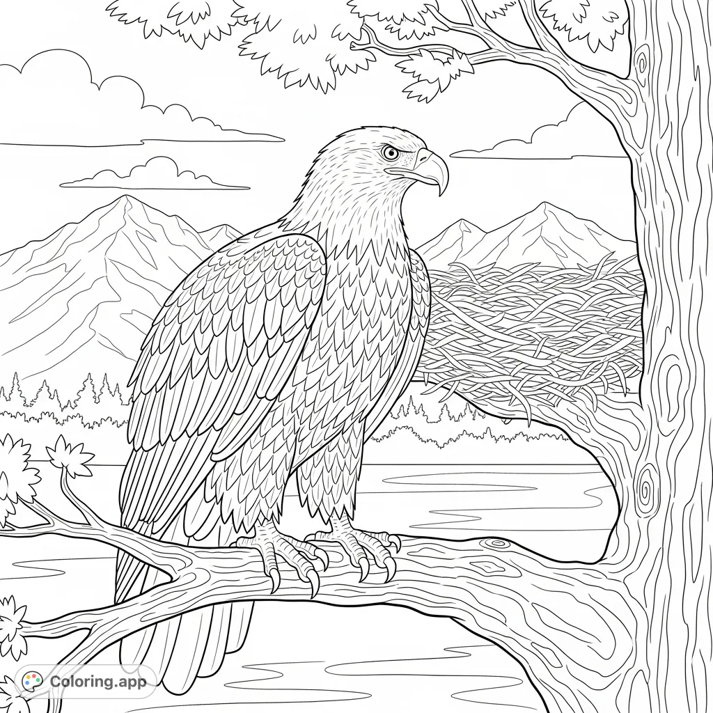 Color a magnificent bald eagle perched on a branch, with its nest, mountains, and water in the background. A free printable nature coloring page.