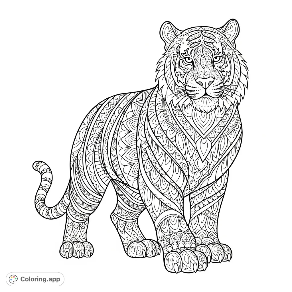 An intricate mandala tiger coloring page, featuring a majestic tiger composed of detailed geometric and floral patterns. Perfect for mindful coloring and creative expression.