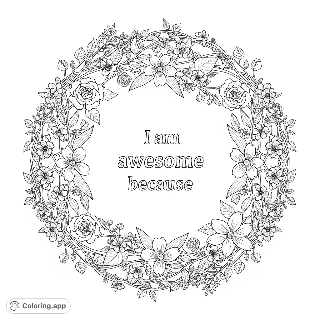 A beautiful circular border of intricate vines and blooming flowers surrounds the empowering phrase 'I am awesome because'. Perfect for self-affirmation.