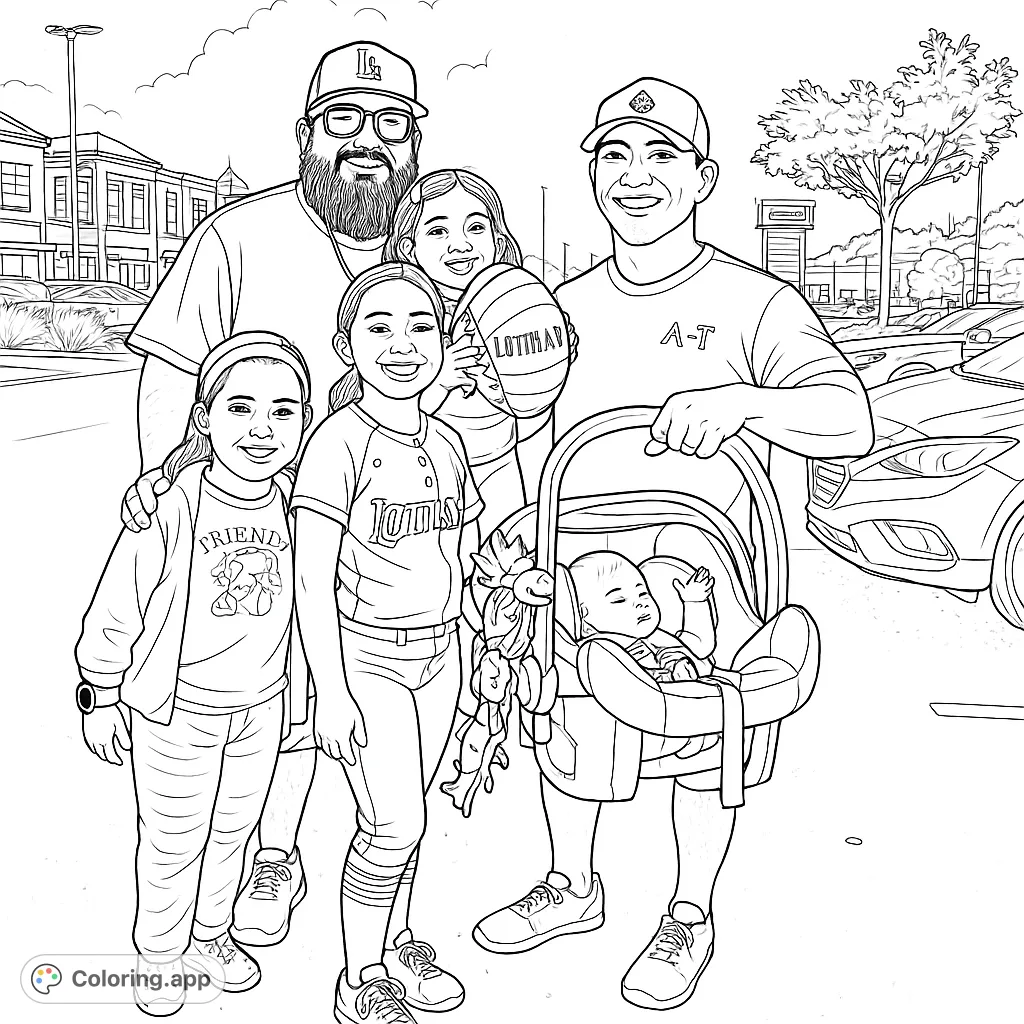 A joyful family portrait featuring two adults, three children, and a baby in a car seat, set against a bustling outdoor backdrop. A heartwarming family coloring page.