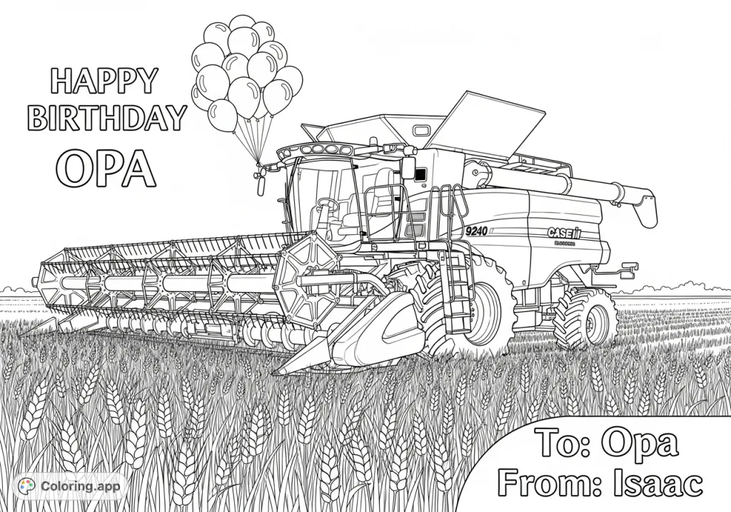 Celebrate Opa's birthday with a powerful Case IH 9240 combine in a wheat field, featuring personalized messages and festive balloons. A unique farm-themed greeting.