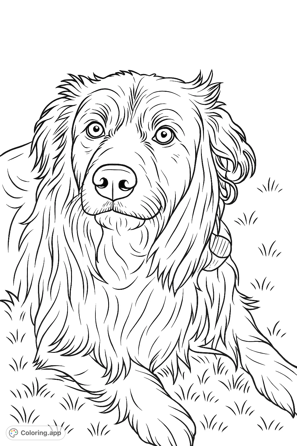 A charming dog portrait coloring page featuring a shaggy-furred companion lying on grass, perfect for pet lovers and relaxation.
