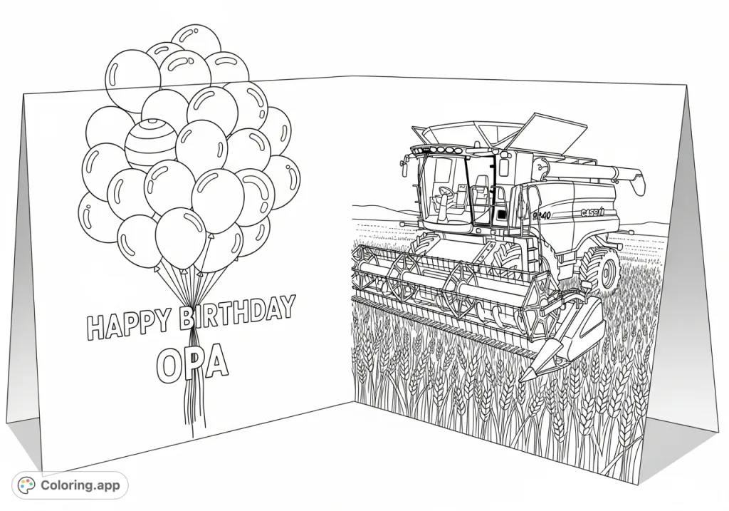 A unique half-fold birthday card featuring "Happy Birthday Opa" with balloons on the front and a detailed Case IH 9240 combine in a wheat field inside.