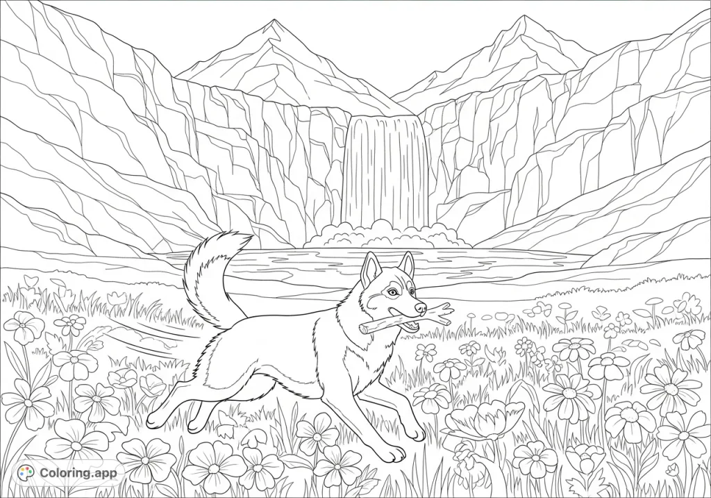 A joyful husky plays fetch in a vibrant mountain meadow, surrounded by wildflowers, with a majestic waterfall cascading from rugged peaks in the background.