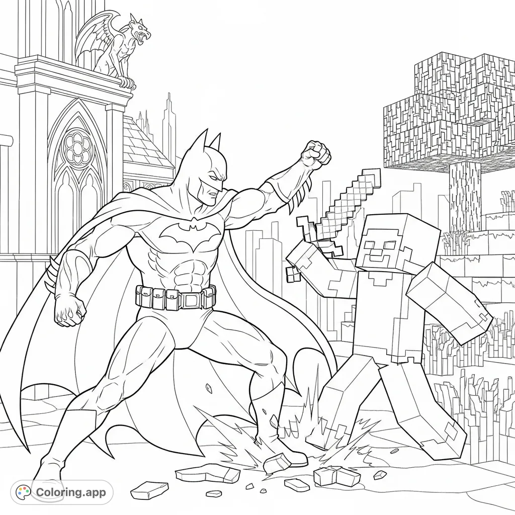 An epic crossover coloring page featuring Batman in a dynamic battle against Steve from Minecraft amidst a unique blend of Gotham and blocky landscapes.