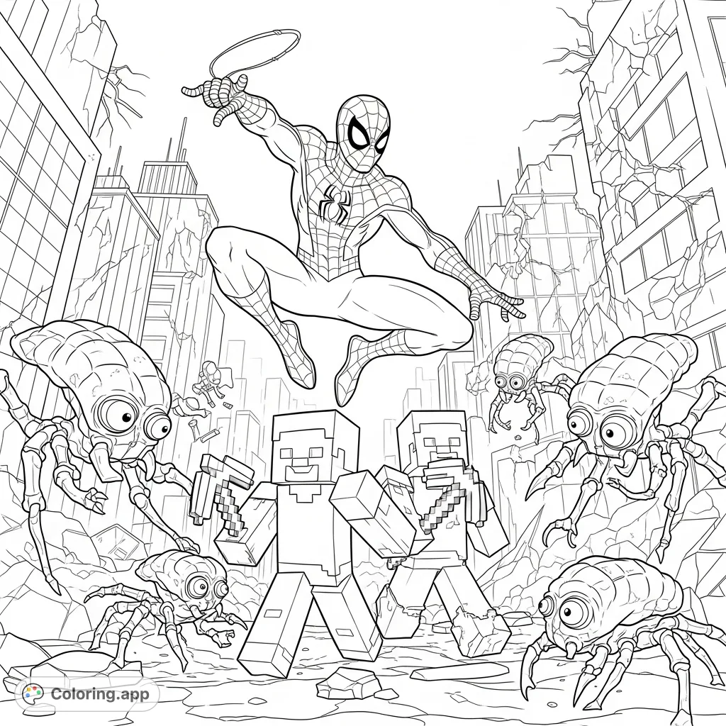 Join Spider-Man and Steve from Minecraft as they team up to fight off an alien invasion in a crumbling cityscape. An action-packed adventure!