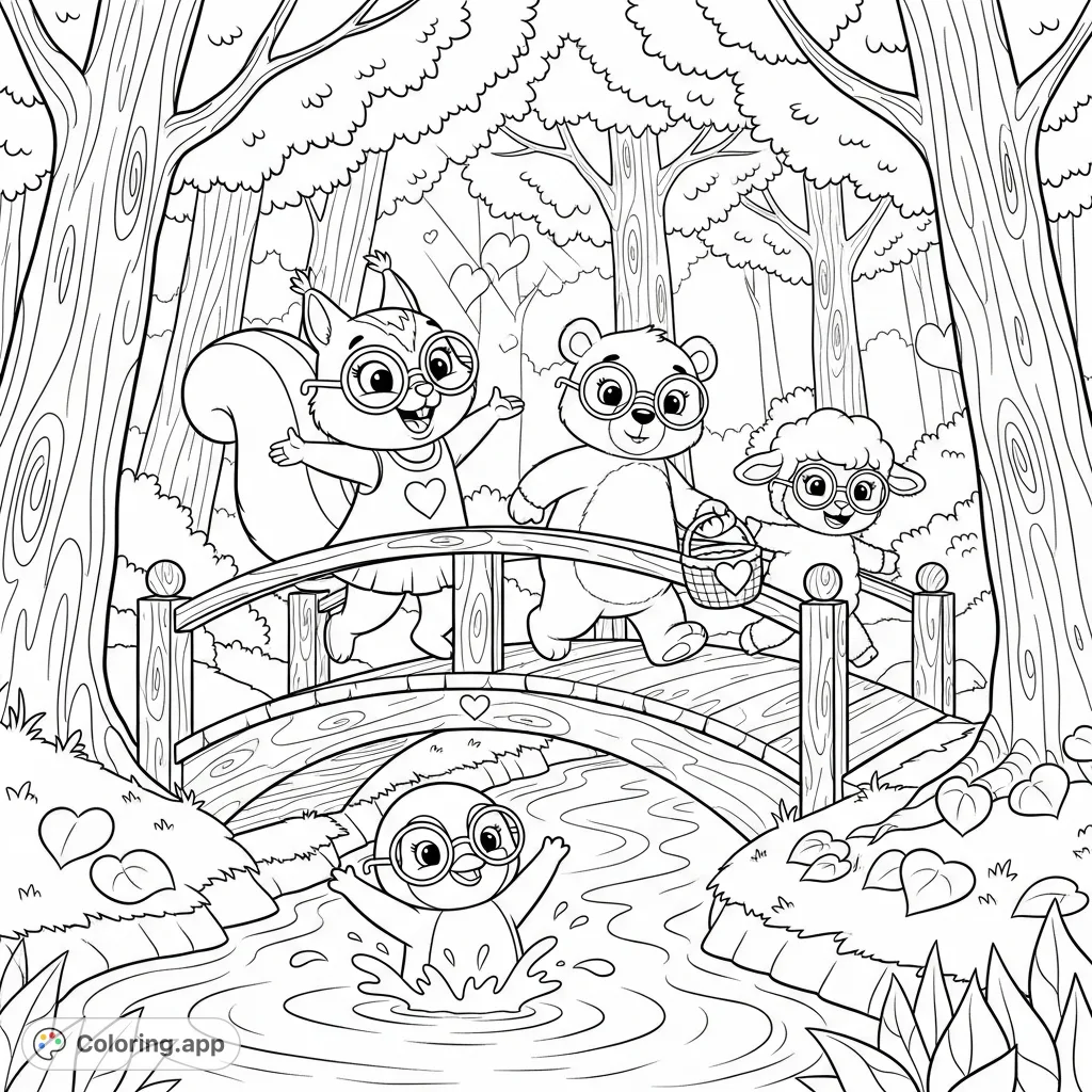 Join Sunny the Squirrel, Benny the Bear, Lola the Lamb, and Pip the Penguin on a delightful forest adventure across a charming wooden bridge over a gentle stream.