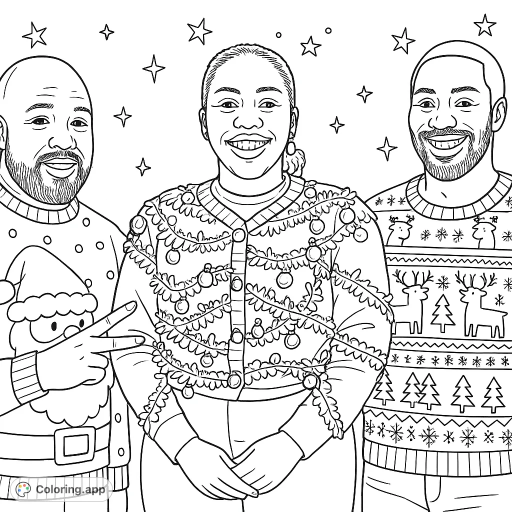 Celebrate the season with three cheerful individuals in unique, elaborately decorated festive sweaters against a starry, snowy background.