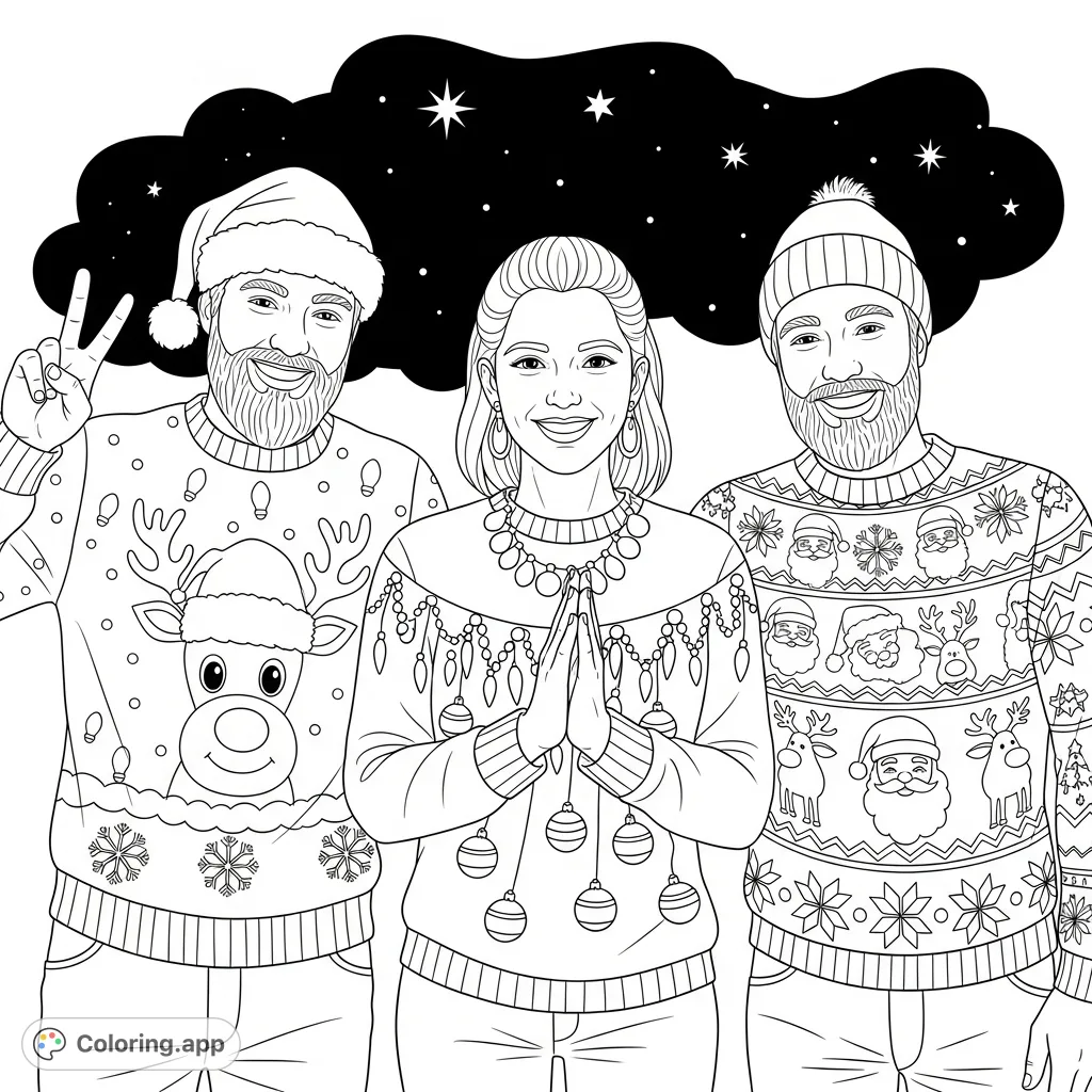 A delightful festive gathering coloring page featuring three smiling individuals in highly detailed holiday sweaters, perfect for celebrating the season.