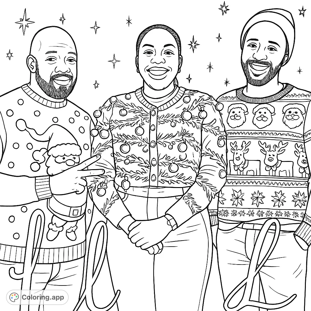 Three friends in whimsical holiday sweaters, ready for festive coloring fun. Perfect for celebrating the season with unique designs.