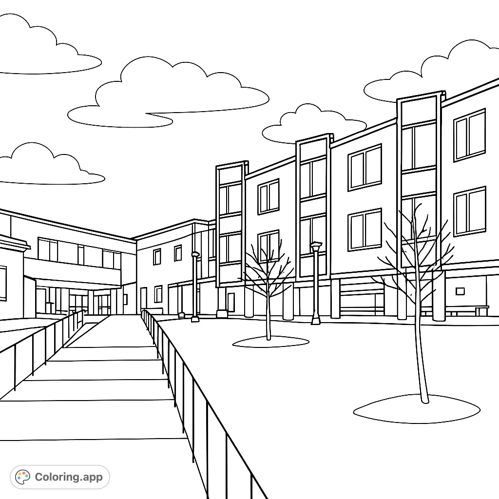 Explore a detailed modern brick building with a welcoming walkway and bare trees under a cloudy sky. Perfect for architecture enthusiasts.