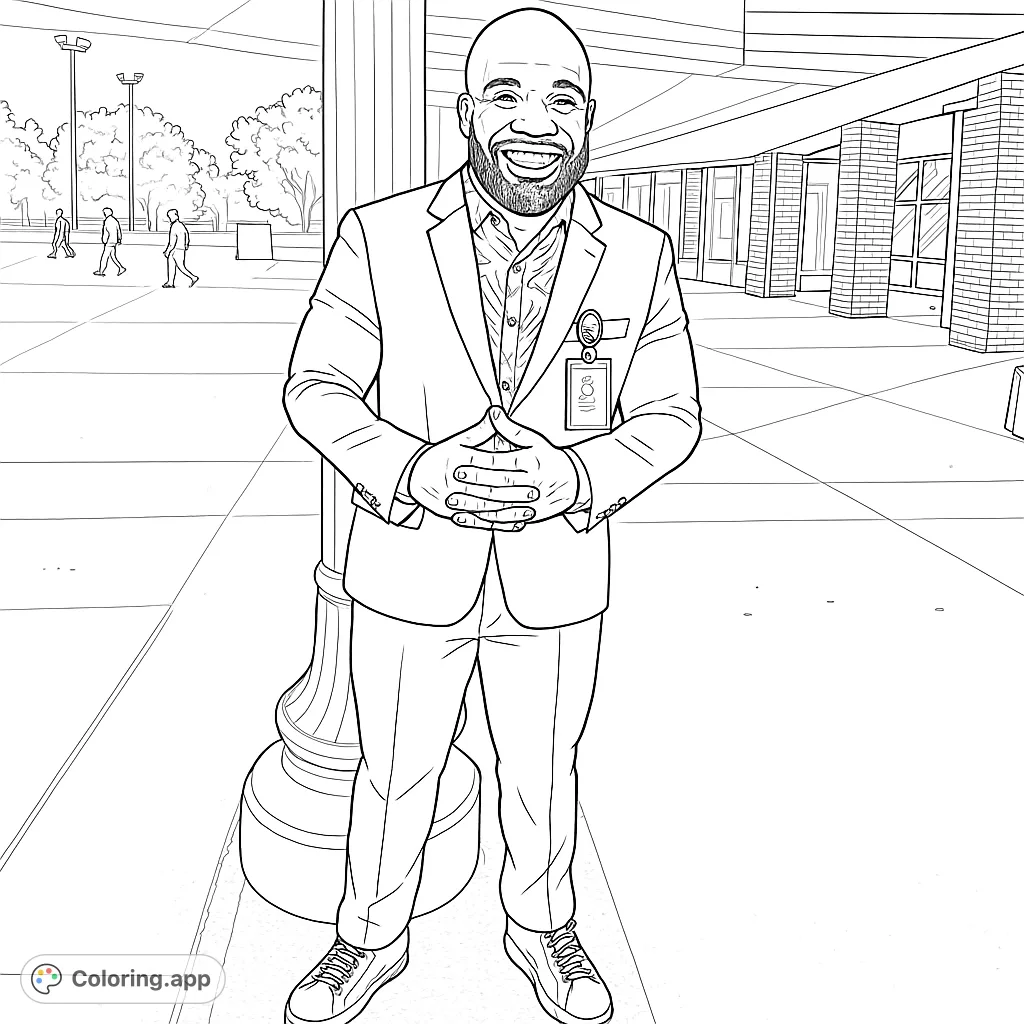 A distinguished man in a suit and patterned shirt smiles confidently outdoors. Features intricate details on his attire and a dynamic urban background.