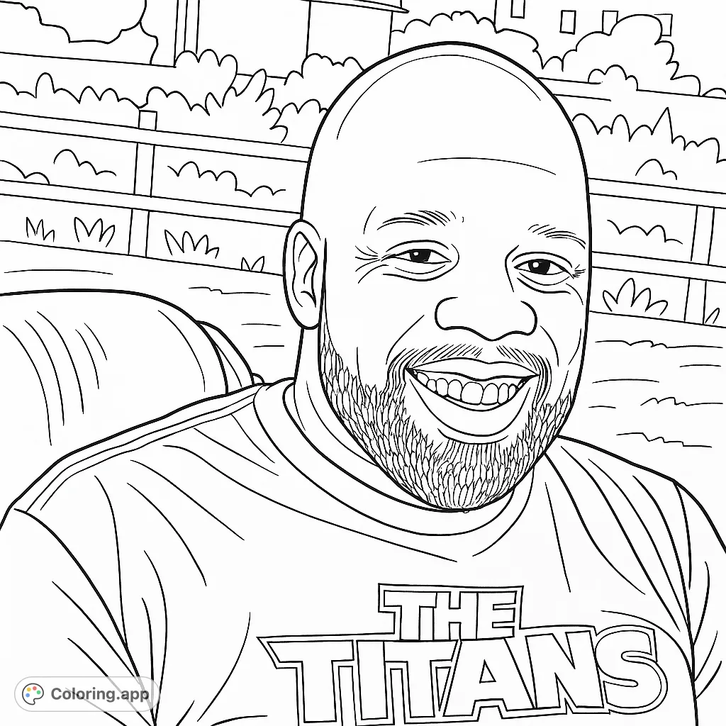 Capture the joyful spirit of a smiling man with a detailed beard and unique shirt graphic. A realistic portrait for mindful coloring and artistic expression.