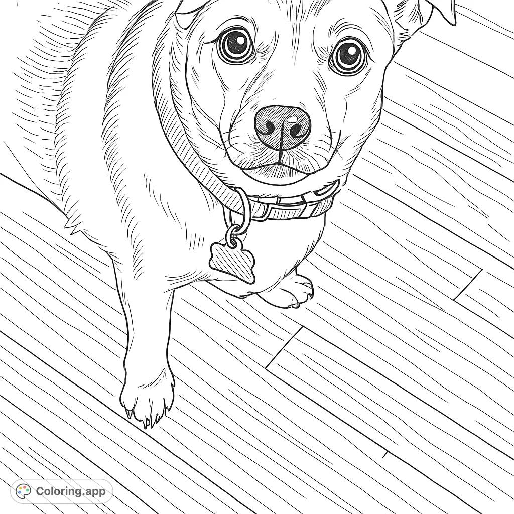 A charming dog with wide, expressive eyes looks up, wearing a collar and tag, standing on a textured wooden floor. A delightful pet coloring page.