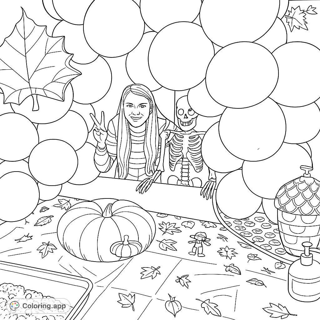 A festive autumn scene with a smiling person, abundant balloons, a skeleton, and seasonal table decorations. Perfect for fall fun!