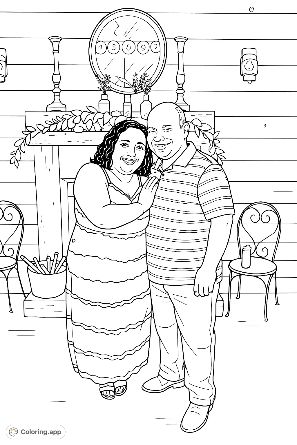 A joyful couple stands embraced by a rustic fireplace, adorned with a mirror and garland. Perfect for celebrating love and special moments.