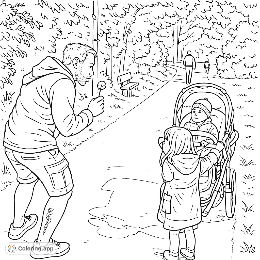 A heartwarming scene of a family enjoying a park stroll, with a father blowing a dandelion for his children. Perfect for a relaxing coloring session.