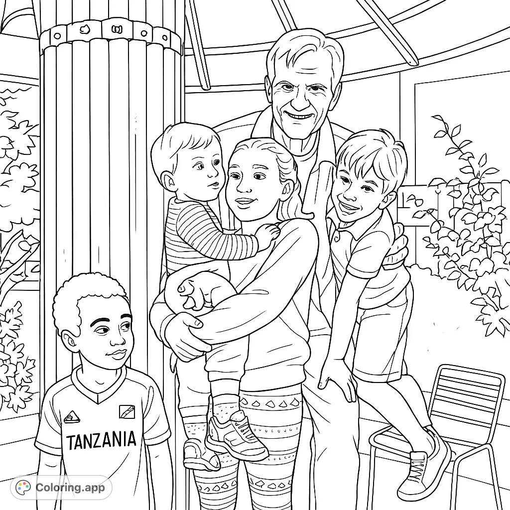 A heartwarming multi-generational family portrait featuring an older man, a girl, and three boys, captured in a joyful outdoor setting.