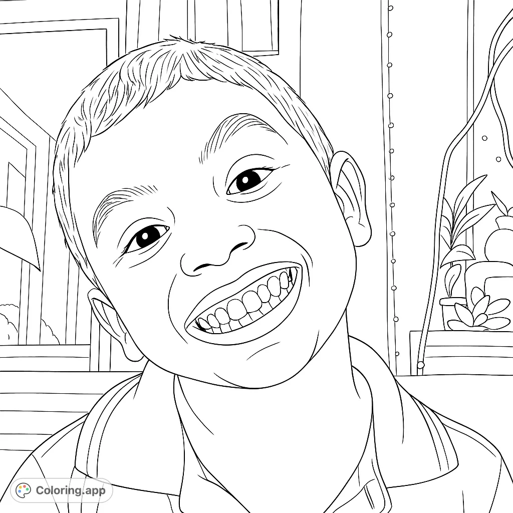 Capture the infectious joy of a young boy with a wide, happy smile. A delightful portrait for all ages to color and personalize.