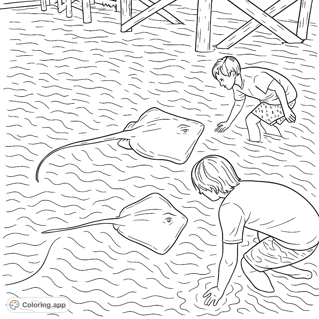 Explore an exciting stingray encounter under a pier with two children in clear, shallow water. A fun marine life coloring page for all ages!