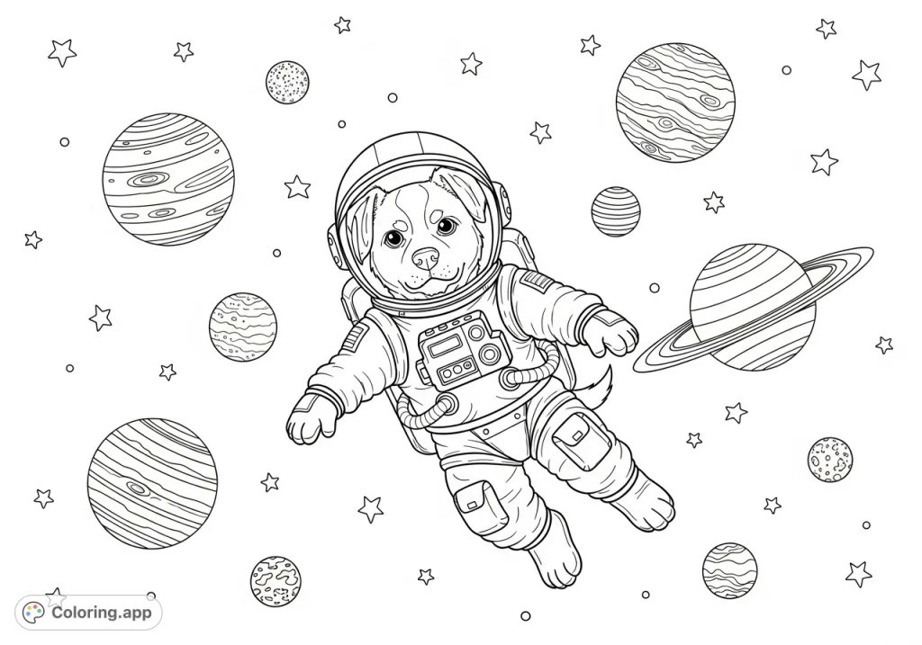 An adorable astronaut dog floats among the planets and stars, ready for a cosmic adventure. A fun space-themed coloring page for all ages.