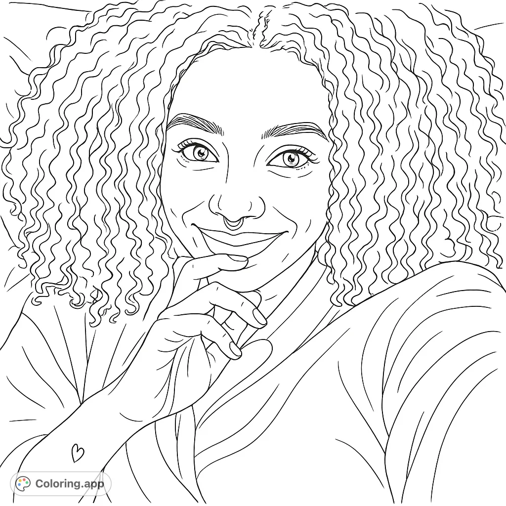A delightful portrait of a smiling person with voluminous curly hair and a cozy robe. Perfect for a relaxing coloring session.
