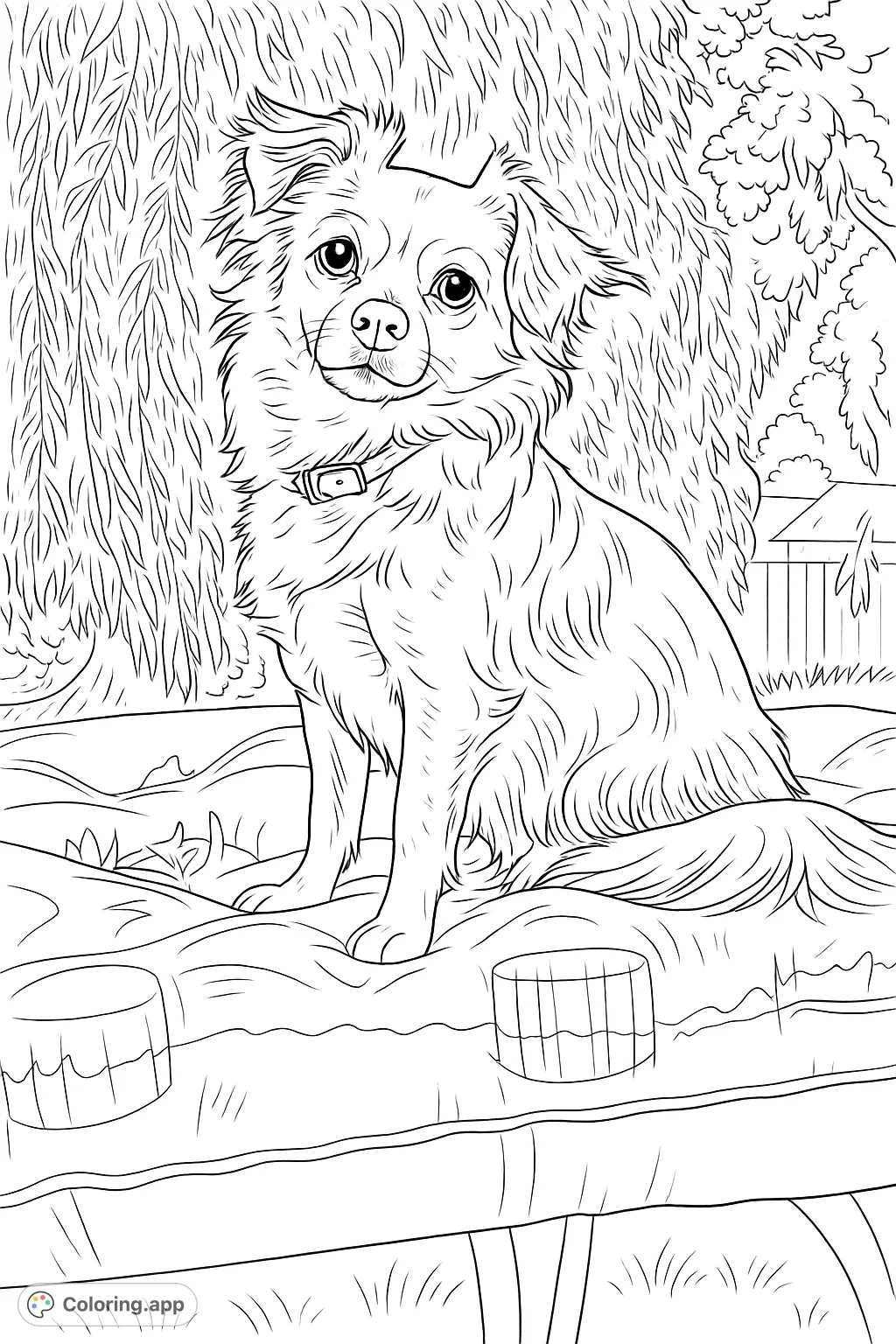 A charming fluffy dog sits on a unique inflatable, surrounded by lush foliage. A delightful dog coloring page for all ages to enjoy.