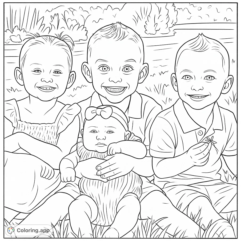 A delightful family portrait featuring four smiling children, including a baby, sitting together on a grassy outdoor setting. Perfect for all ages!