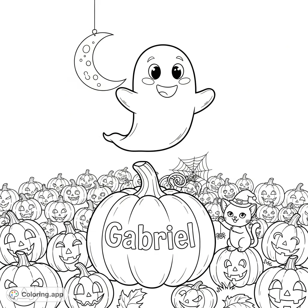 A friendly ghost floats over a pumpkin patch with a cat in a witch's hat and a carved pumpkin named 'Gabriel' under a crescent moon. Perfect for Halloween fun!