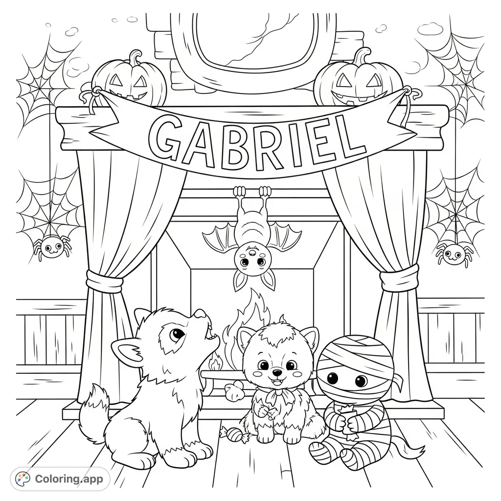 A charming Halloween scene with a fluffy werewolf, tiny vampire bat, and sweet mummy in a whimsical haunted house, featuring a 'Gabriel' banner.