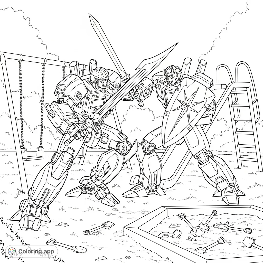 Witness an epic clash! Two mighty transformers battle with swords and shields amidst a lively kids' park, featuring swings, a slide, and a sandbox. A dynamic scene for all ages.
