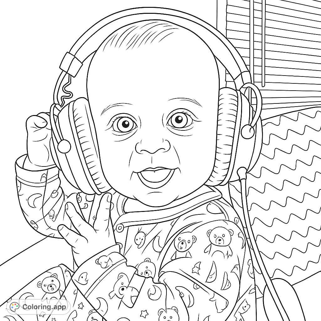 An adorable baby wearing oversized headphones, smiling playfully. A fun and engaging coloring page for all ages, perfect for a moment of joy.