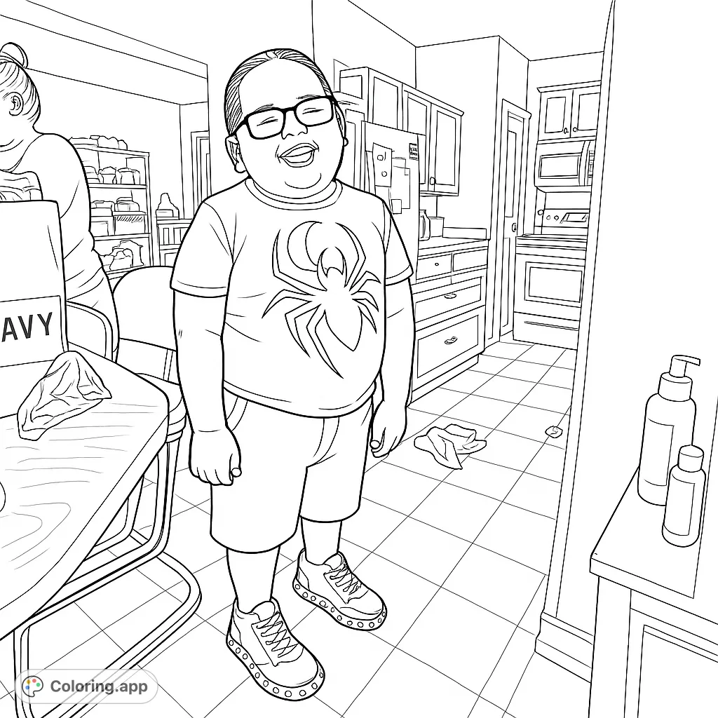 A fun coloring page featuring a child with cool light-up shoes in a home setting. Perfect for kids to express their creativity and add vibrant hues.