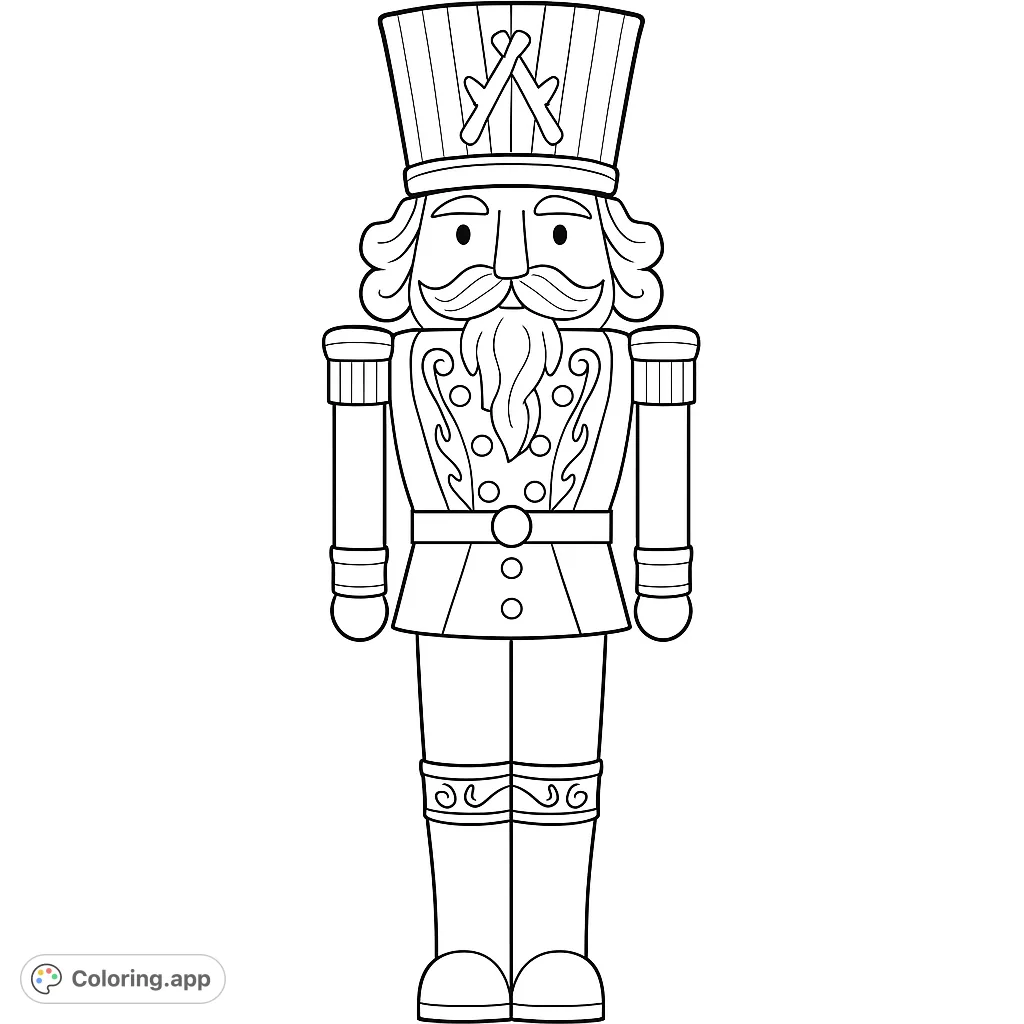 A detailed nutcracker soldier figure, perfect for holiday coloring. Features a crown, ornate uniform, and classic design for festive creativity.