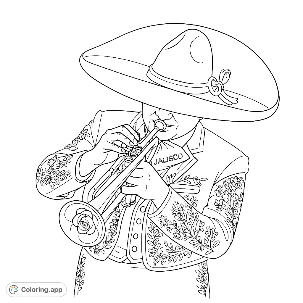 An intricate mariachi trumpeter coloring page featuring a musician in a detailed embroidered jacket and wide sombrero, ready to bring music to life.