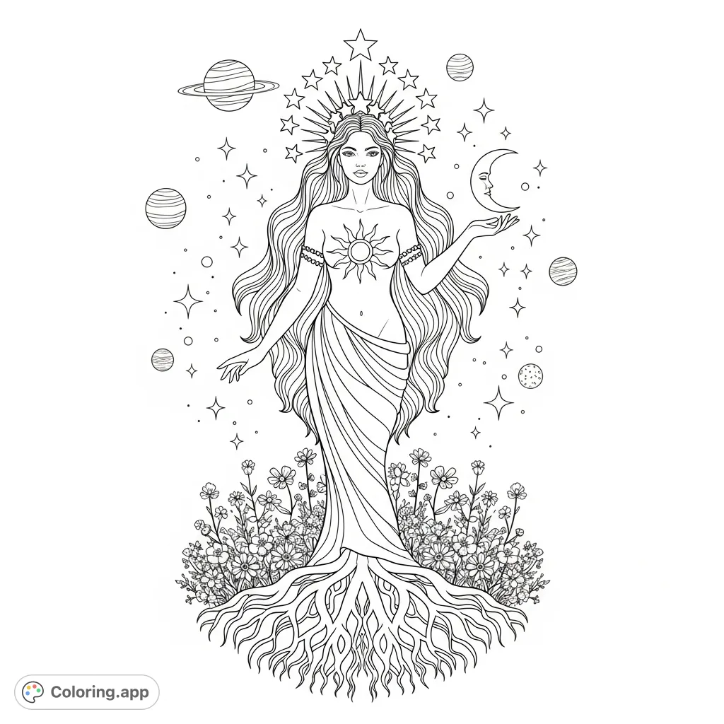 A majestic divine feminine figure with flowing hair, celestial symbols, and earthly roots, surrounded by stars, planets, and wildflowers. A mystical scene.