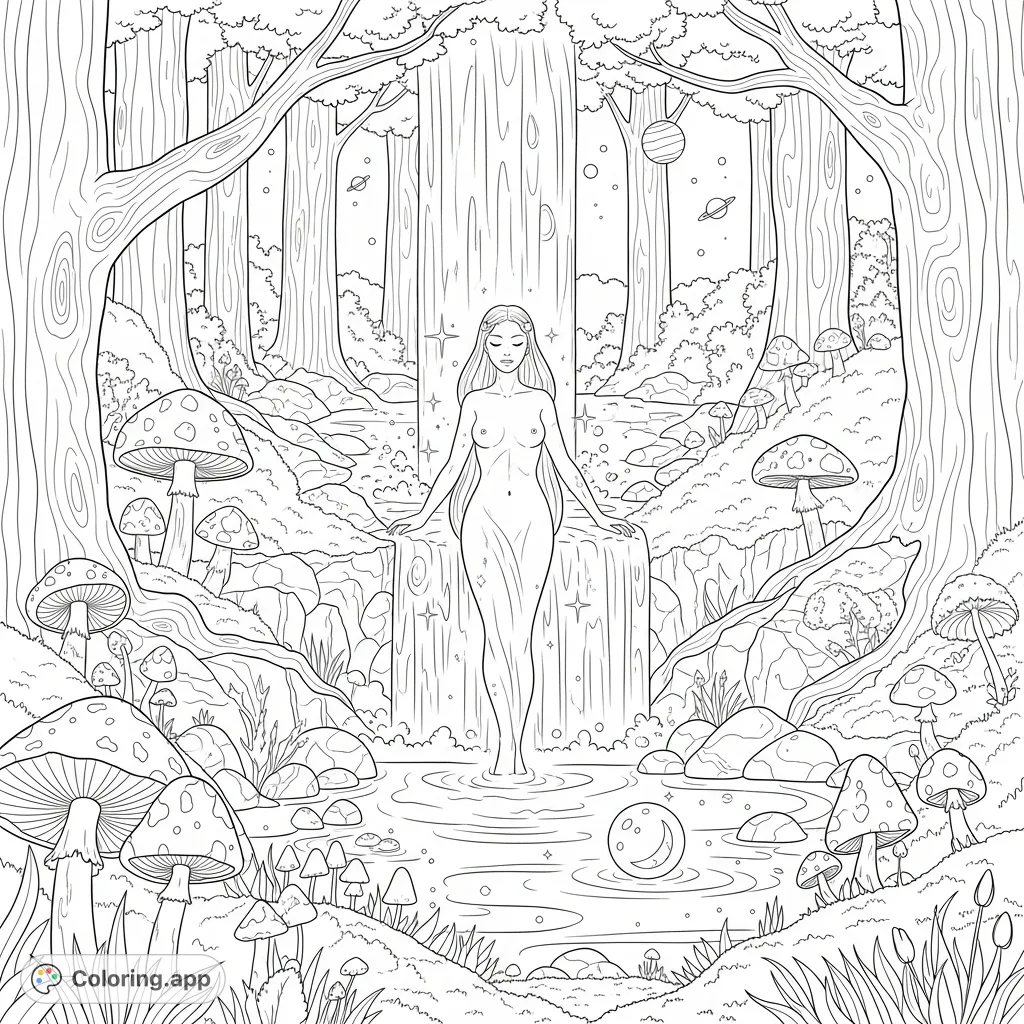 Discover a serene divine feminine figure emerging from a waterfall in an ancient, magical forest. Features glowing flora, celestial reflections, and distant planets.