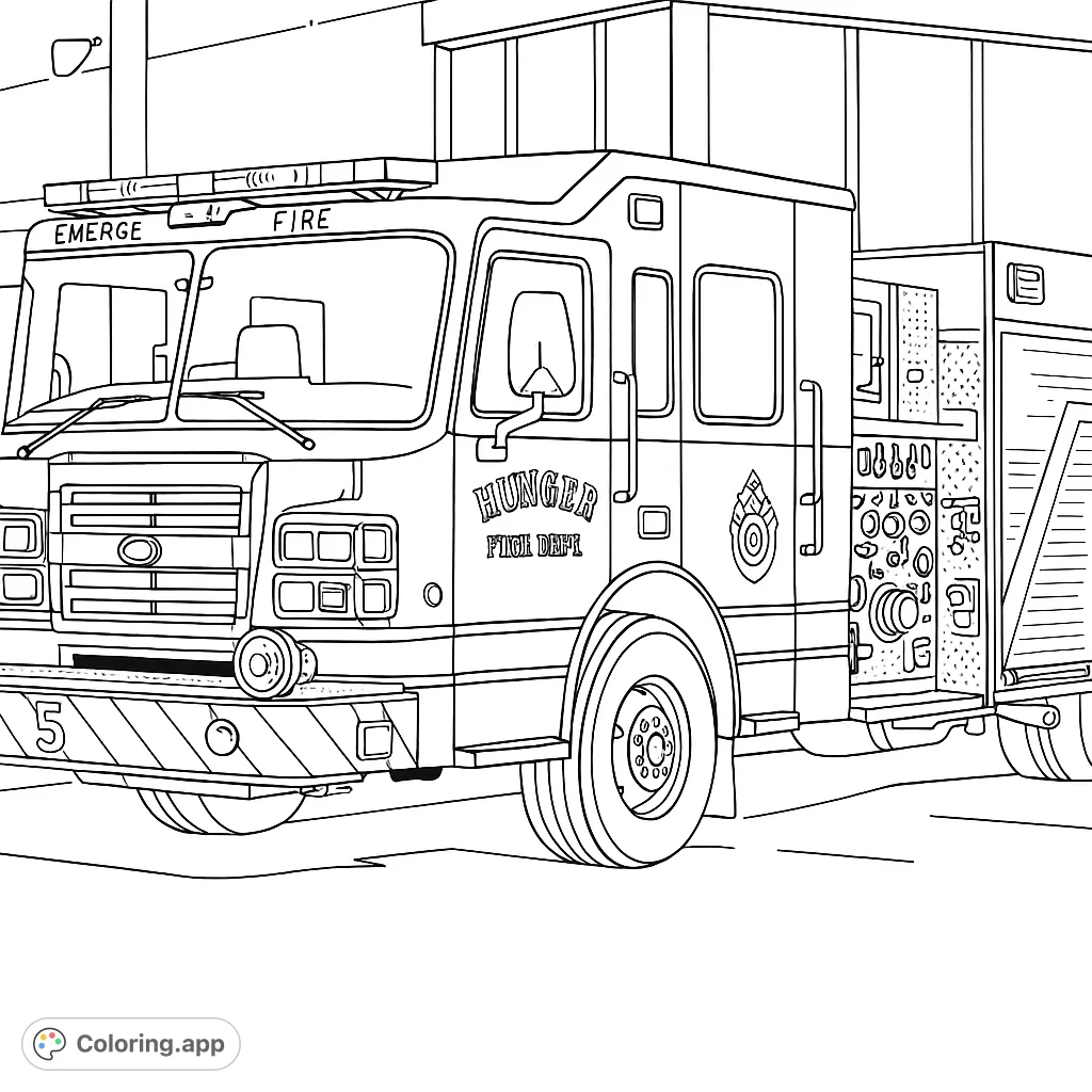 A detailed fire truck ready for action, featuring intricate compartments, emergency lights, and department markings. Perfect for vehicle enthusiasts.