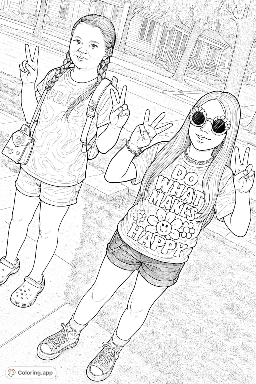 Two friends strike peace signs in trendy outfits, ready for a fun coloring adventure. Features detailed clothing, accessories, and an urban background.