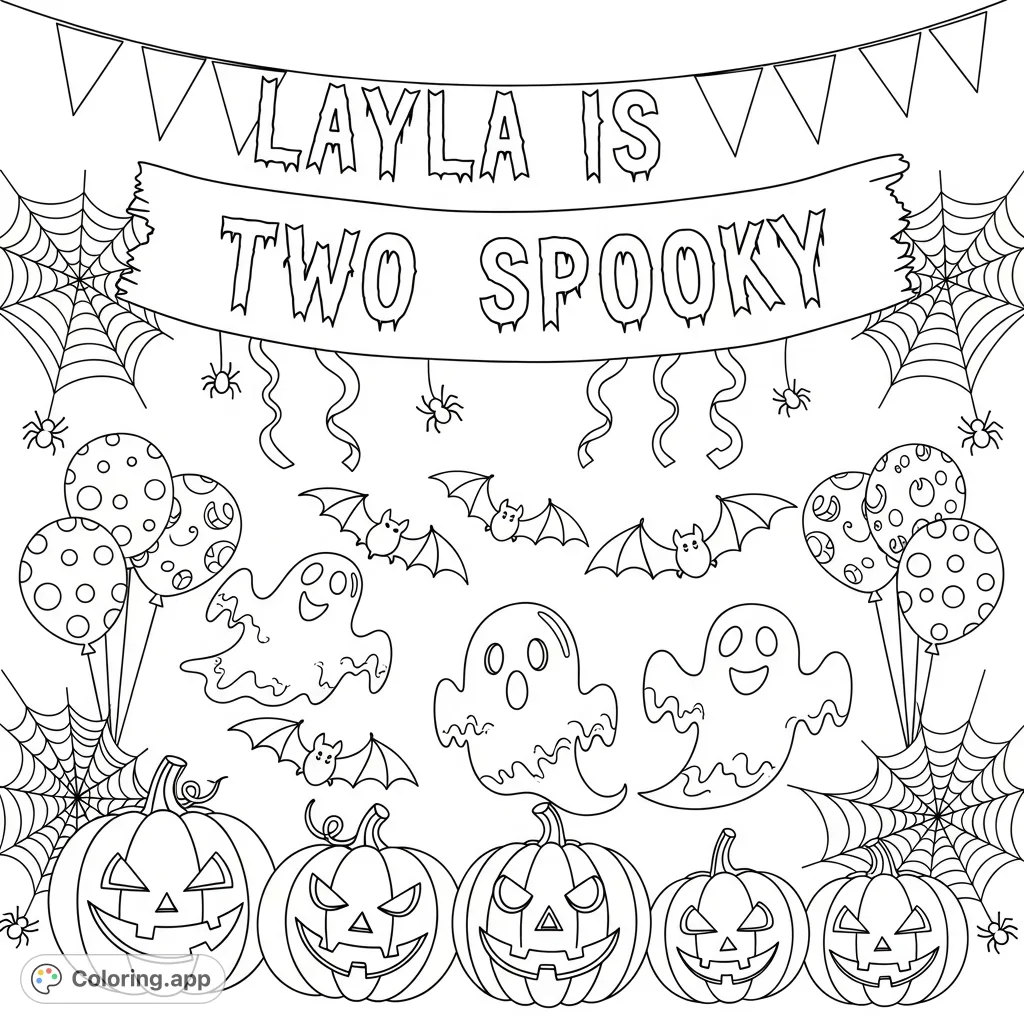 Celebrate Layla's spooky second birthday with this fun coloring page featuring a "Layla is two spooky" banner, grinning pumpkins, ghosts, bats, and cobwebs.
