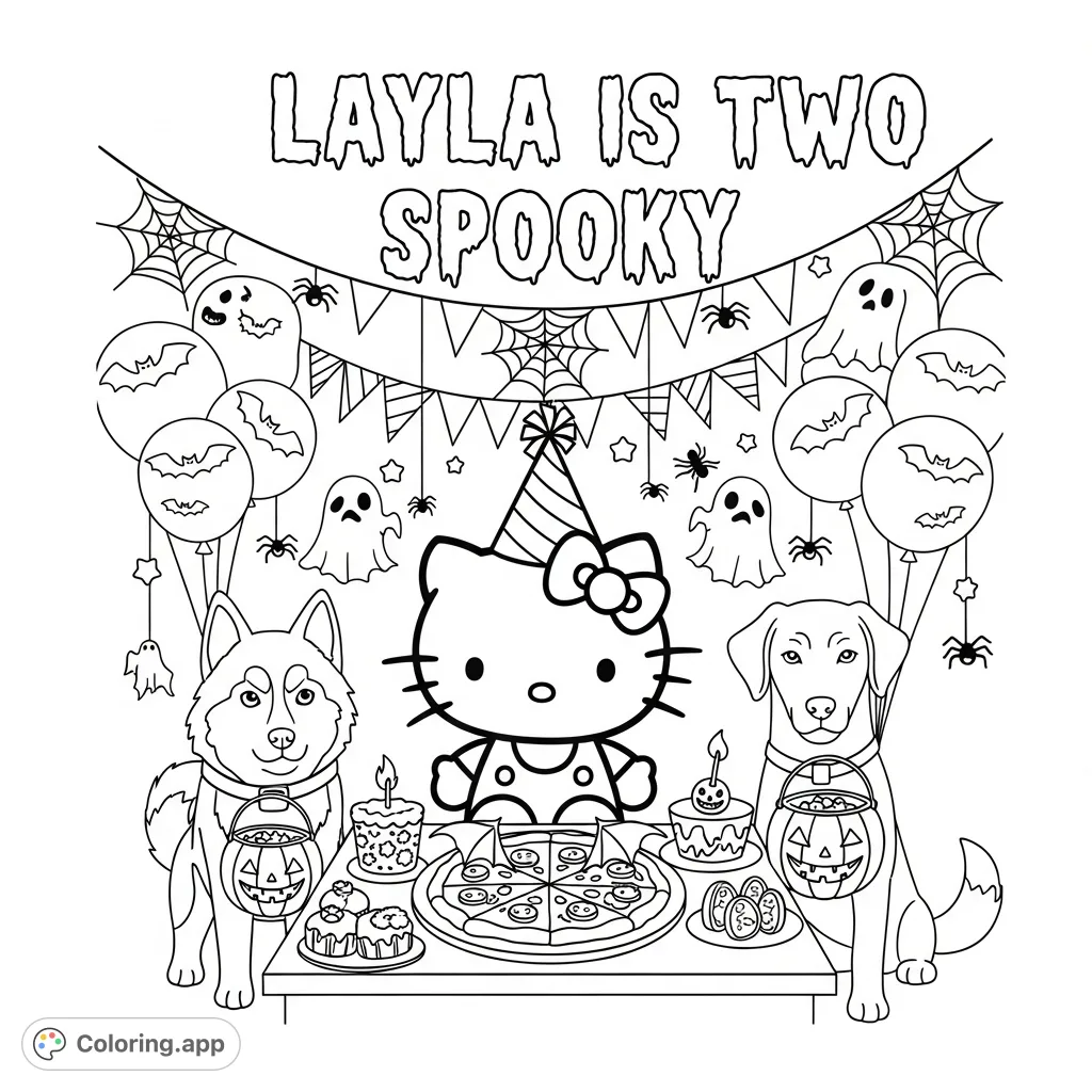A whimsical spooky birthday scene featuring Hello Kitty, a husky, and a lab with pumpkin buckets, surrounded by eerie party food and decorations, celebrating Layla's two spooky birthday.