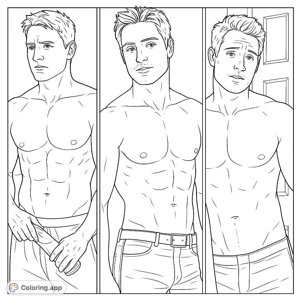 Explore three distinct portraits of a handsome man, perfect for adult colorists. Focus on shading and detail to bring these striking figures to life.