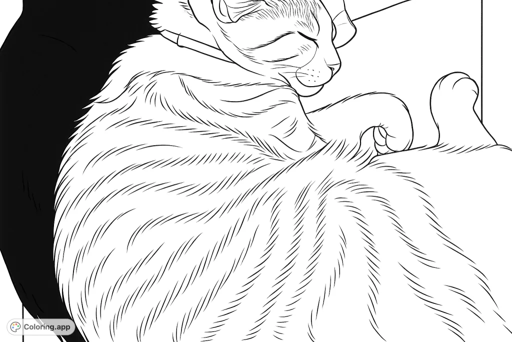 A peaceful striped cat curled up and sleeping soundly, perfect for a relaxing coloring session. Explore intricate fur patterns and soft textures.
