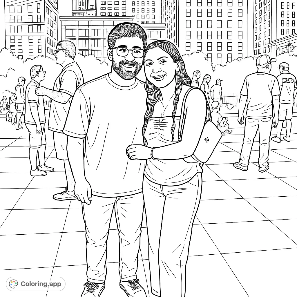 A smiling couple in an urban park setting, surrounded by city buildings and trees. Perfect for a relaxing and detailed coloring experience.