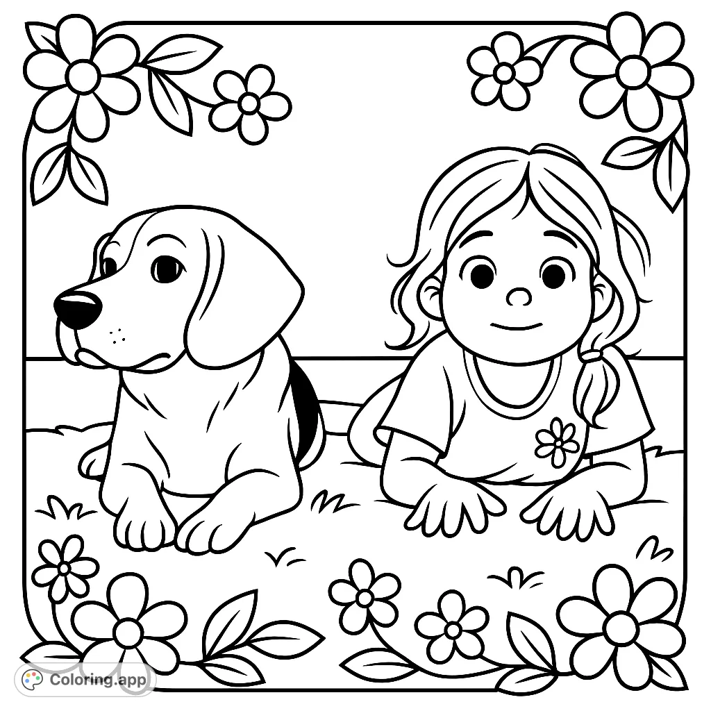 A heartwarming child and beagle coloring page, featuring a sweet duo relaxing on the grass, perfect for young artists and pet lovers.