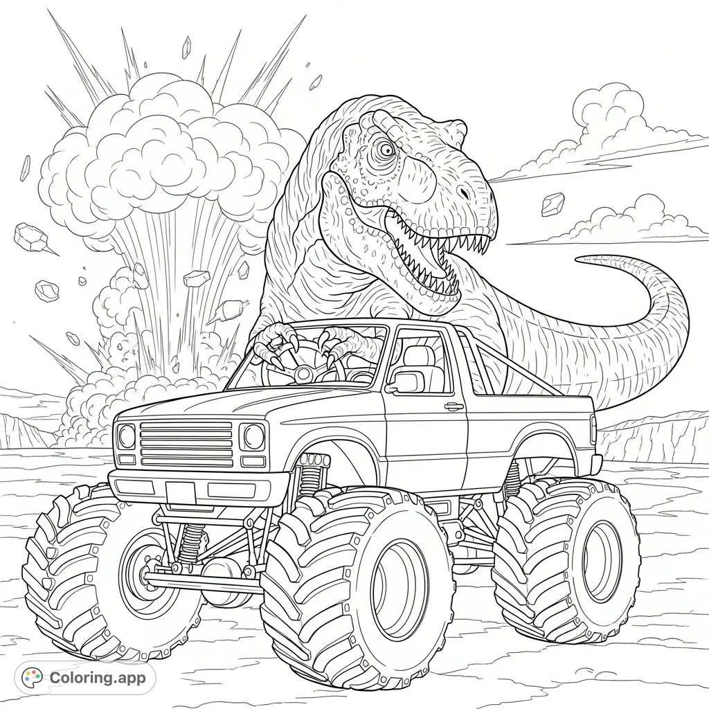 An action-packed dinosaur monster truck coloring page featuring a T-Rex driving a colossal truck with an explosion in the background. Perfect for adventure lovers!